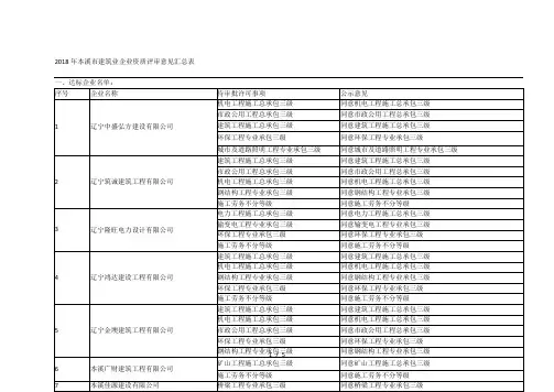 2018年市建筑业企业资质评审意见汇总表