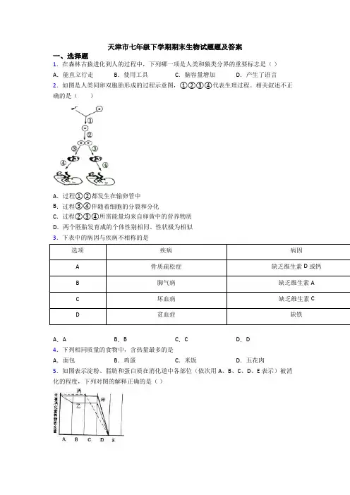 天津市七年级下学期期末生物试题题及答案