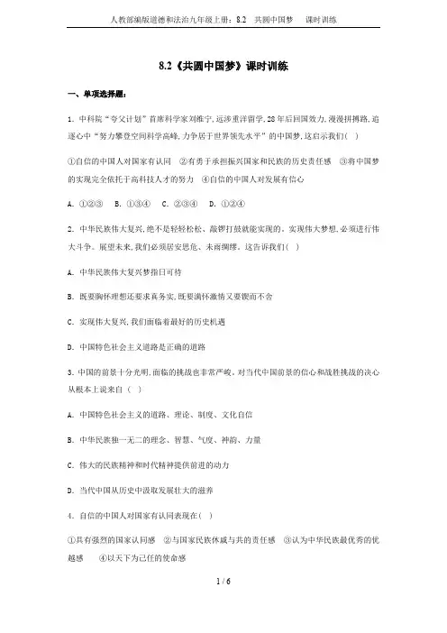 人教部编版道德和法治九年级上册：8.2  共圆中国梦   课时训练