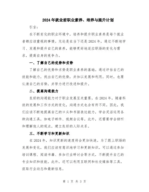 2024年就业前职业素养、培养与提升计划