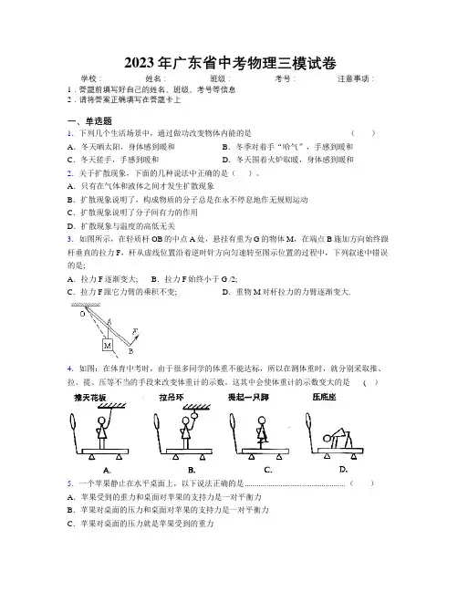 2023年广东省中考物理三模试卷附解析