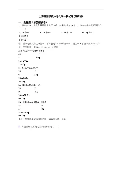 上海黄浦学校中考化学一模试卷(带解析)