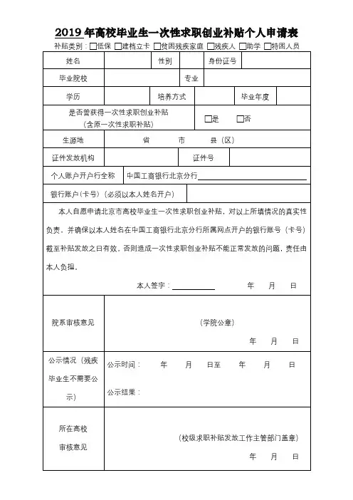 2019年高校毕业生一次性求职创业补贴个人申请表【模板】