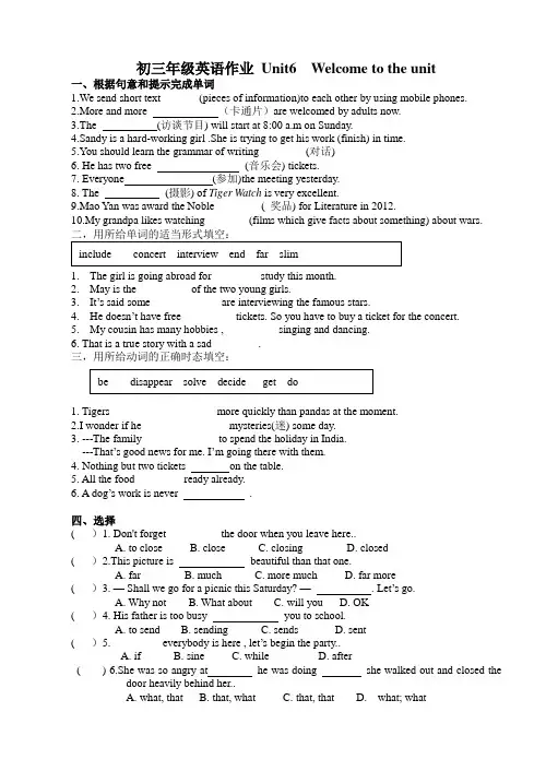 牛津译林版英语九上初三年级作业 Unit6  Welcome to the unit
