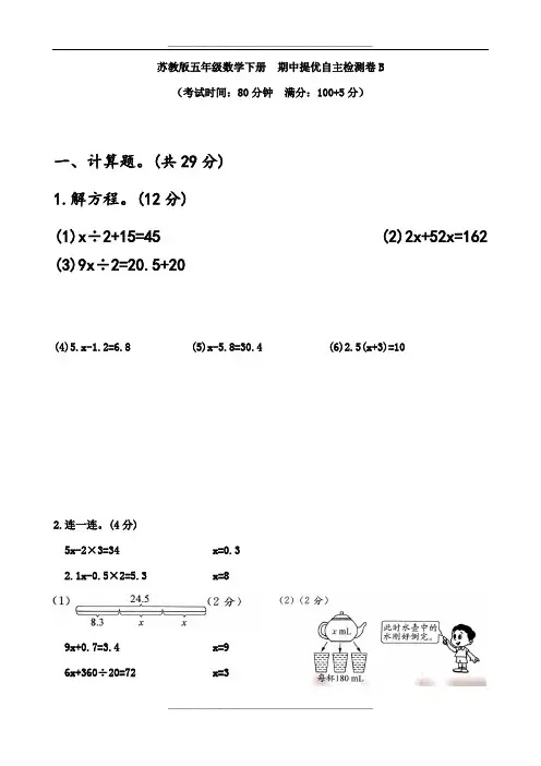 苏教版五年级数学下册--期中提优自主检测卷B