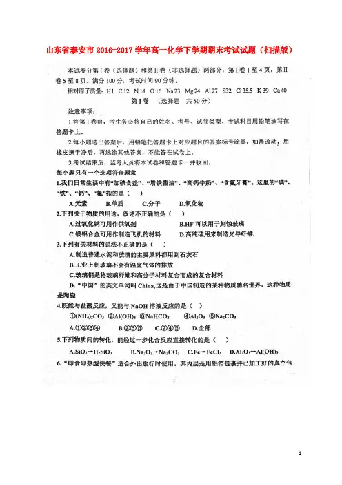山东省泰安市高一化学下学期期末考试试题(扫描版)