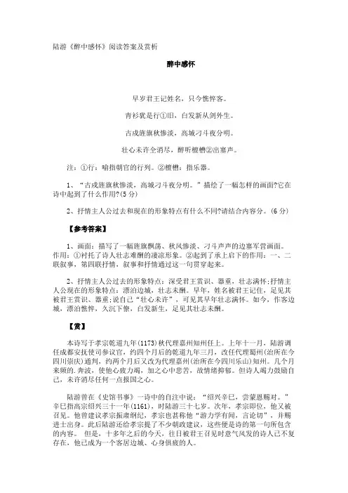 陆游《醉中感怀》阅读答案及赏析