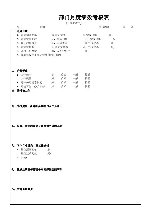 部门月度绩效考核表(招商中心)