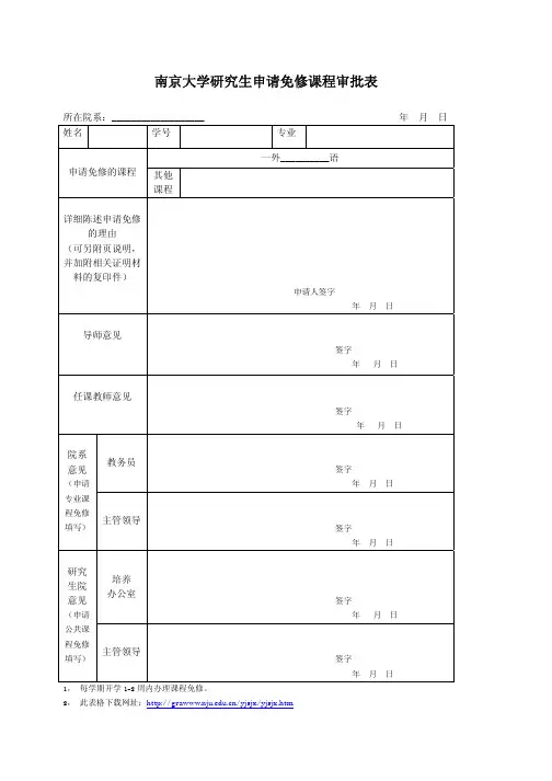 南京大学 研究生申请免修课程审批表
