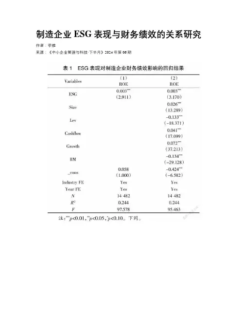 制造企业ESG表现与财务绩效的关系研究