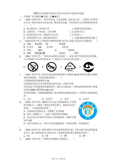 2019年滨州市中考化学真题(word版附答案)