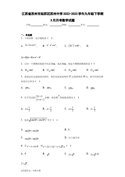 江苏省苏州市姑苏区苏州中学2022-2023学年九年级下学期3月月考数学试题