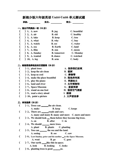 (完整版)新湘少版六年级英语Unit4Unit6单元测试题