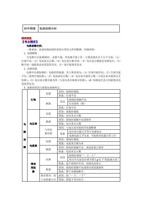 九年级物理上册知识讲义-15.电路故障分析-沪粤版