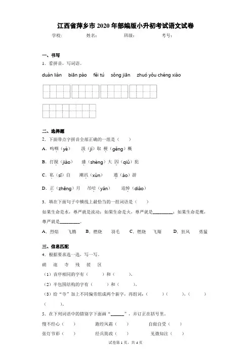 江西省萍乡市2020年部编版小升初考试语文试卷(含答案解析)