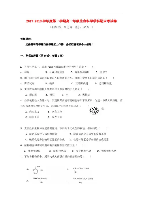 上海市2017-2018学年高一生物上学期期末考试试题