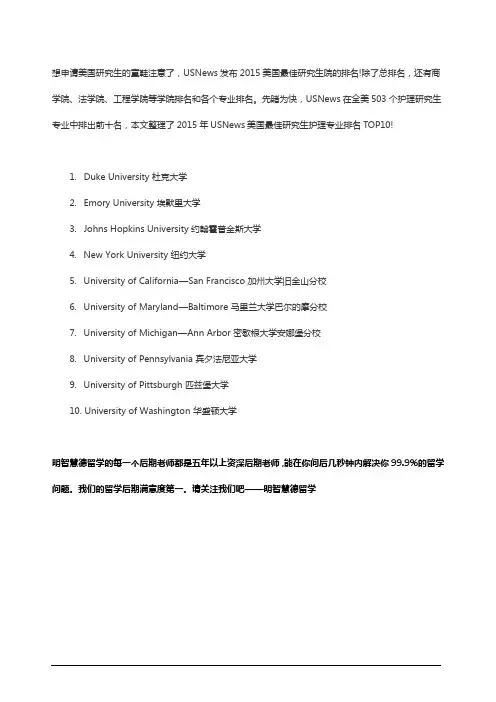 2015USNEWS美国大学护理专业研究生排名