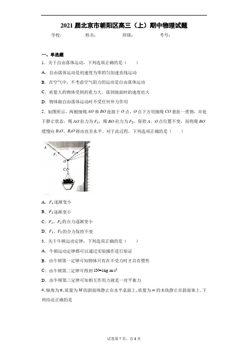 2021届北京市朝阳区高三(上)期中物理试题