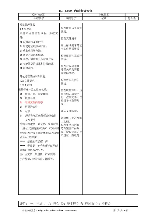 新版ISO13485内部审核检查表
