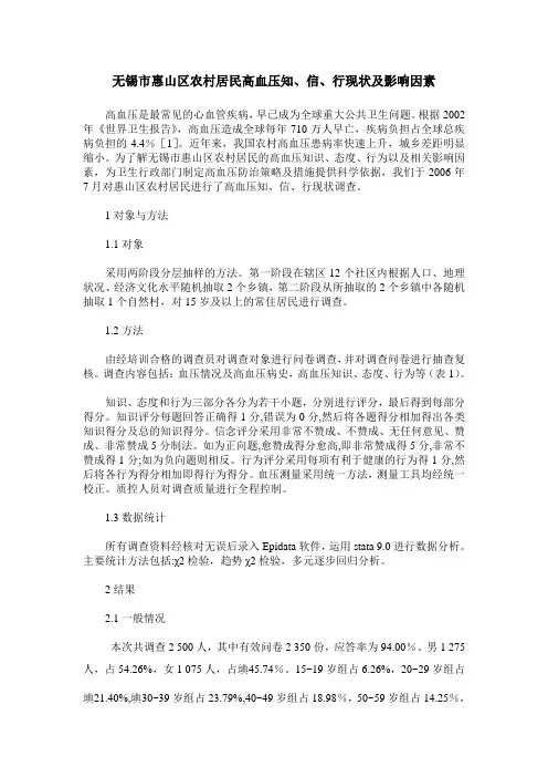 无锡市惠山区农村居民高血压知、信、行现状及影响因素