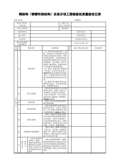 钢结构(钢管桁架结构)安装分项工程检验批质量验收记录