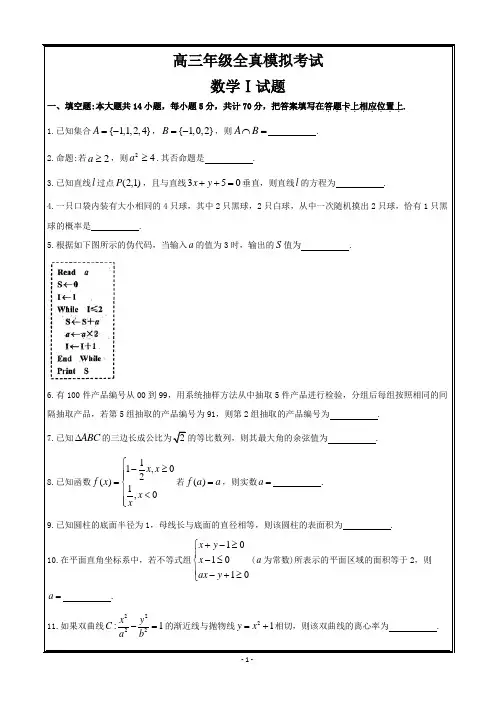 江苏省盐城中学2018届高三全仿真模拟检测(最后一卷)数学-----精校Word直接打印版