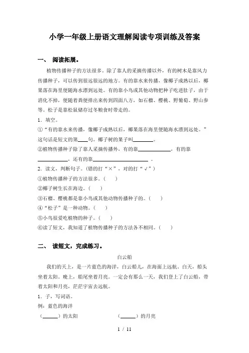 小学一年级上册语文理解阅读专项训练及答案