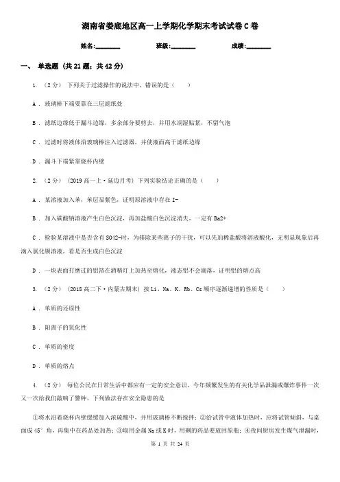 湖南省娄底地区高一上学期化学期末考试试卷C卷