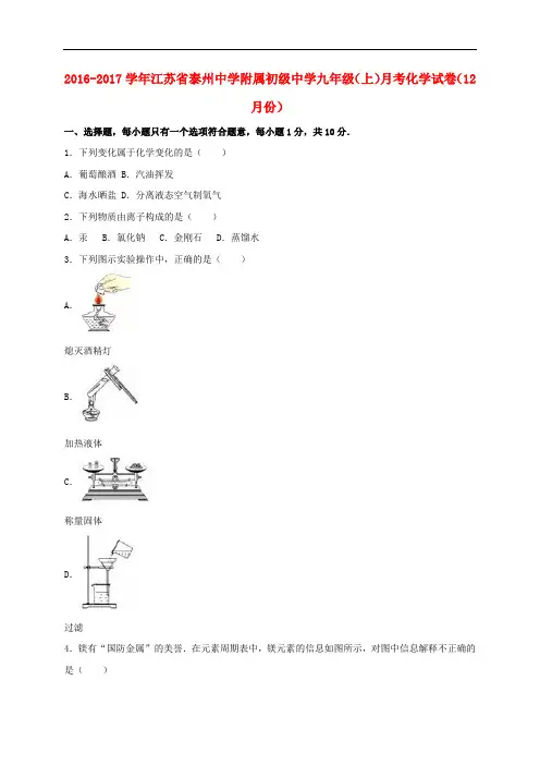 江苏省泰州市九年级化学上学期12月月考试卷(含解析) 新人教版