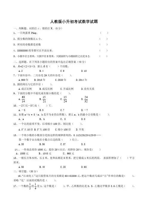 人教版数学六年级小升初模拟试卷(含答案)