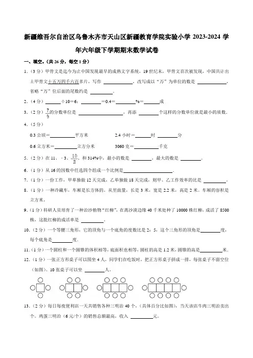 新疆维吾尔自治区乌鲁木齐市天山区新疆教育学院实验小学2023-2024学年六年级下学期期末数学试卷