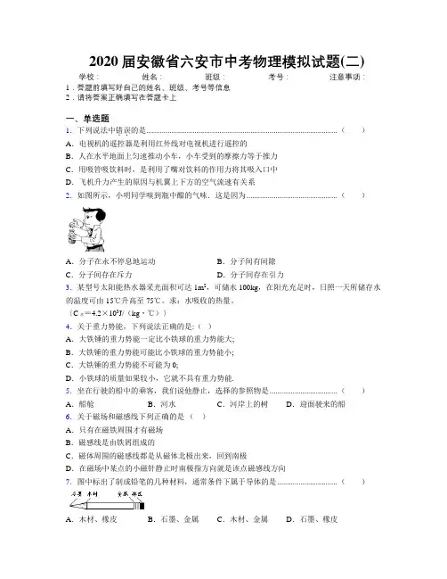 最新2020届安徽省六安市中考物理模拟试题(二)及解析