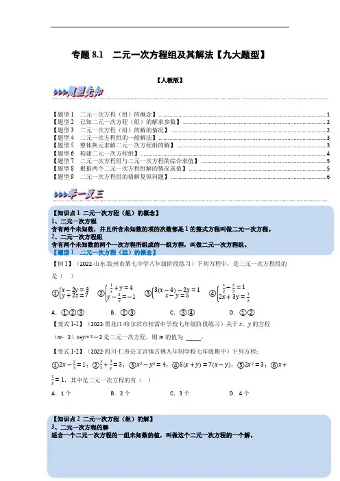 2024年七年级数学下册专题8.1 二元一次方程组及其解法【九大题型】(举一反三)(人教版)