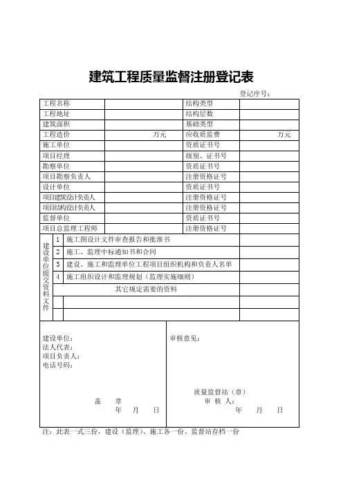 建筑工程质量监督注册登记表