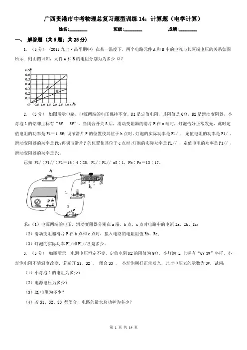 广西贵港市中考物理总复习题型训练14：计算题(电学计算)