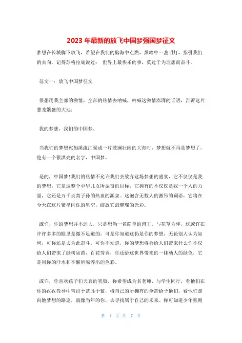 2023年最新的放飞中国梦强国梦征文