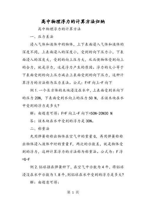 高中物理浮力的计算方法归纳