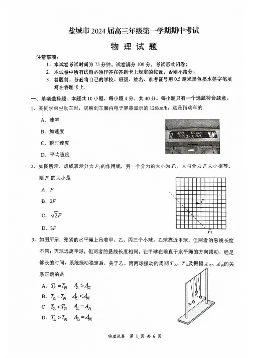 江苏省盐城市2023-2024学年高三上学期期中考试物理含答案
