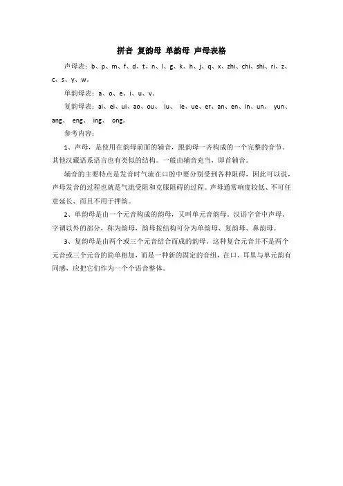 拼音 复韵母 单韵母 声母表格