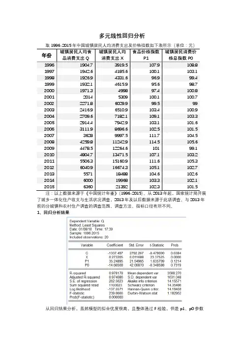【多元线性回归实验】中国城市居民食品消费需求函数模型