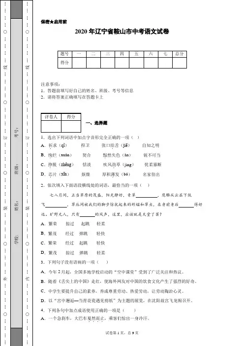 2020年辽宁省鞍山市中考语文试卷(含详细解析)