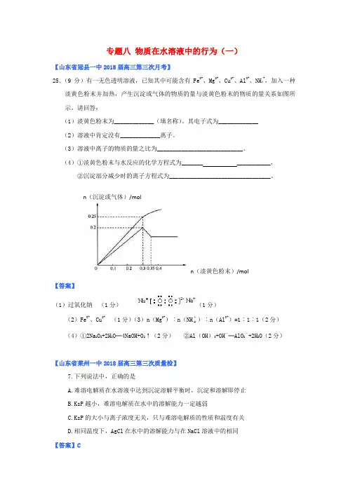 山东省2018年高考化学 各地市最新试题分类大汇编13 专题八物质在水溶液中的行为(一) 精品