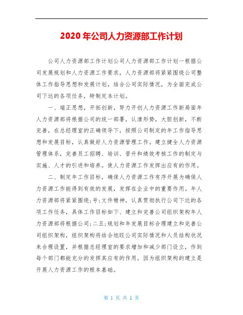 2020年公司人力资源部工作计划