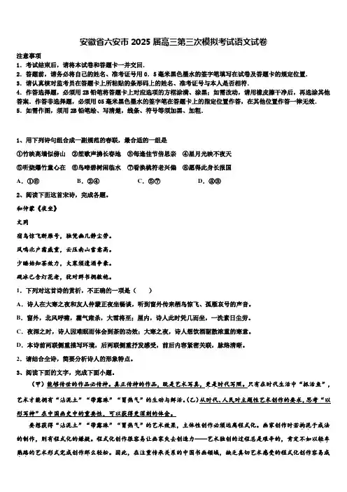 安徽省六安市2025届高三第三次模拟考试语文试卷含解析