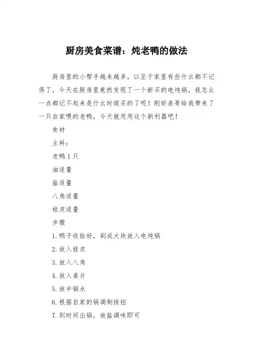 厨房美食菜谱：炖老鸭的做法