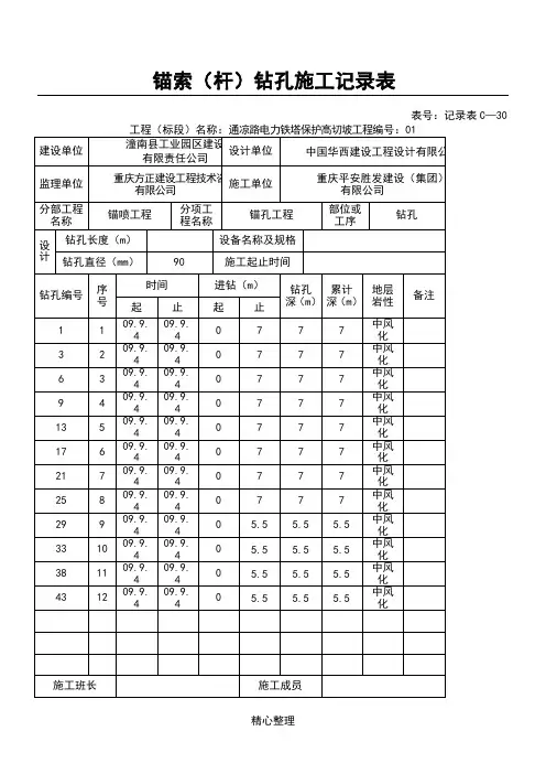 锚索(杆)成孔现场施工记录表格模板
