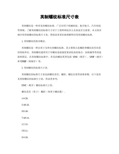 英制螺纹标准尺寸表
