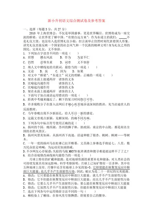 2020泉州市新小升初语文综合测试卷及答案