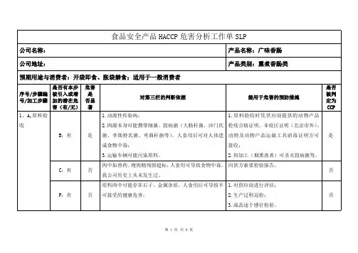 食品安全产品HACCP危害分析工作单SLP