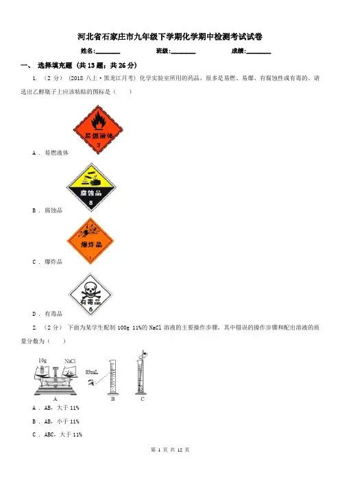 河北省石家庄市九年级下学期化学期中检测考试试卷